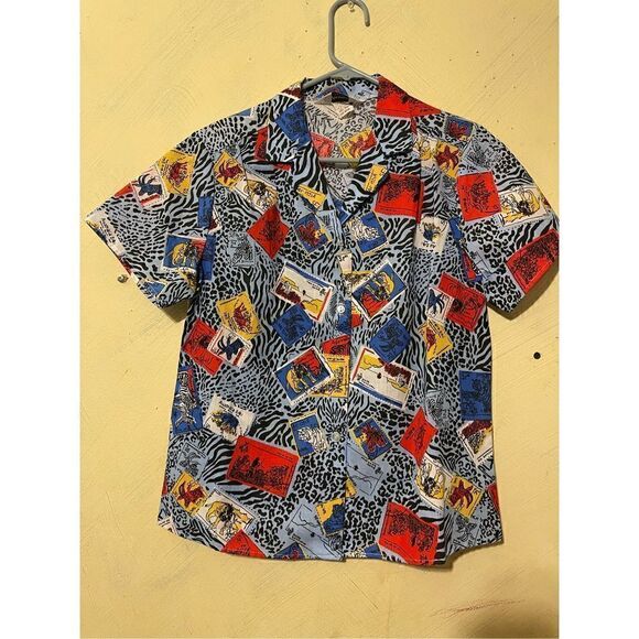 Vintage Blue Animal Print Animal Stamps logo HARMAL NEW YORK medium button down - Picture 2 of 13